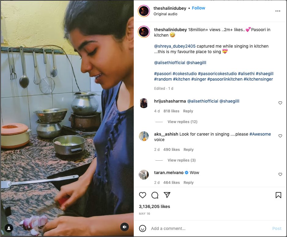 While preparing in the kitchen, a girl sings Pasoori. Wow will be your reaction to a viral video with 20 million views.  If you haven't heard the Pakistani song Pasoori, you're losing out on a fun song. Several folks have fallen in love with the Coke Studio season 14 music, and they can't get enough of it. Everyone is presently grooving to this tune, from Bollywood celebrities to influencers. There have been numerous social media posts where people may be heard singing or dancing to this tune. Now there's a video of a girl singing Pasoori in the kitchen while cooking. While we can't comment on her cooking abilities, her voice is very beautiful.  On Instagram, Mumbai singer Shalini Dubey posted a video of herself singing Pasoori. Shalini has 64.4k Instagram followers and her Pasoori video has been viewed over 20 million times. Isn't that enormous? Her favorite location to sing is in the kitchen, and now the video has gone global, taking her to new places.