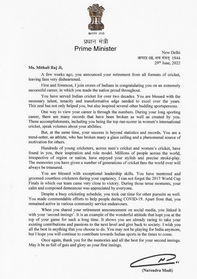 PM Modi letter to Mithali Raj