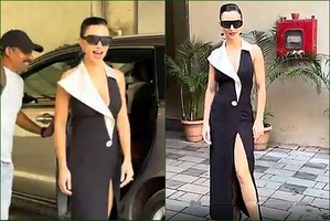Amy Jackson makes a statement in black as she poses for shutterbugs